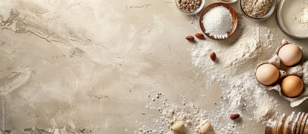Poster a light stone table with various baking ingredients like flour, sugar, and eggs, viewed from above, 
