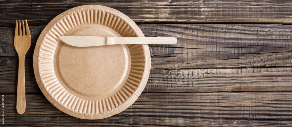 Poster Empty brown paper plate and fork with knife on a wooden table. View from above. Eco-friendly disposable tableware. copyspace. Copy space image. Place for adding text or design