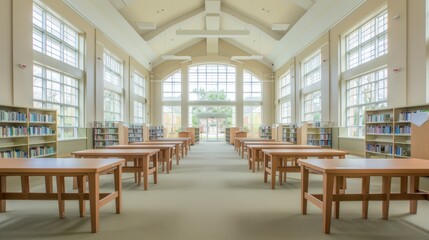 Naklejka premium Serene College Library with Students Studying in Morning Light Focused Academic Atmosphere