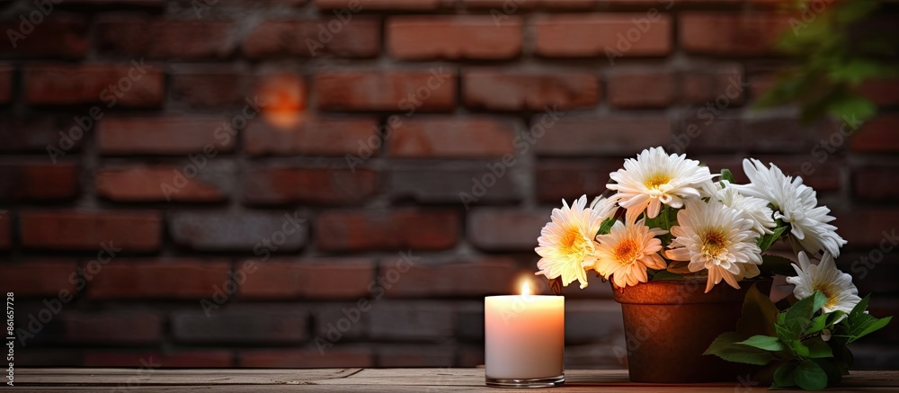 Poster flowers and a candle displayed on a table with a brick wall in the background, creating a picturesqu