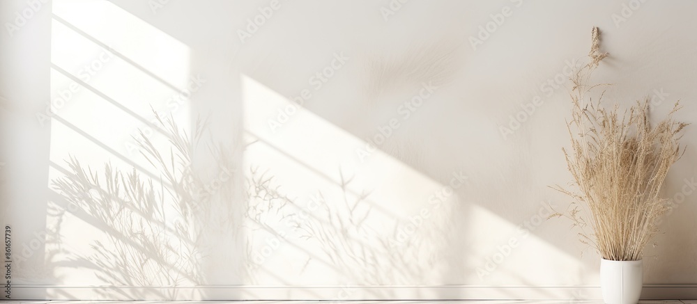 Aufkleber Delicate grass shadows on a white wall create an abstract neutral nature background with a blurred, overlay effect suitable for adding text on this copy space image.