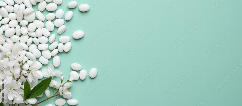 Poster Mint background adorned with white pills in a flat lay composition, with room for text in the image. with copy space image. Place for adding text or design