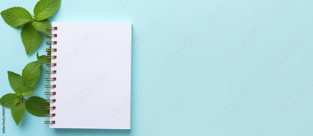Fototapete mock-up image of an empty notebook featuring a blue handle, mint leaves, set against a soft blue pas