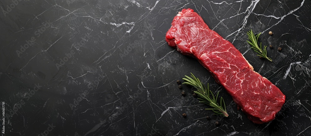 Poster top-down shot of raw beef sirloin on sleek black marble background with copy space image.