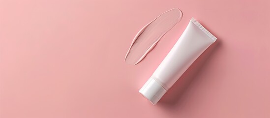 Minimalist flat lay featuring a white eye cream tube on a pink background with copy space image.