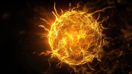 A bright yellow ball of fire suspended in darkness, with a warm glow