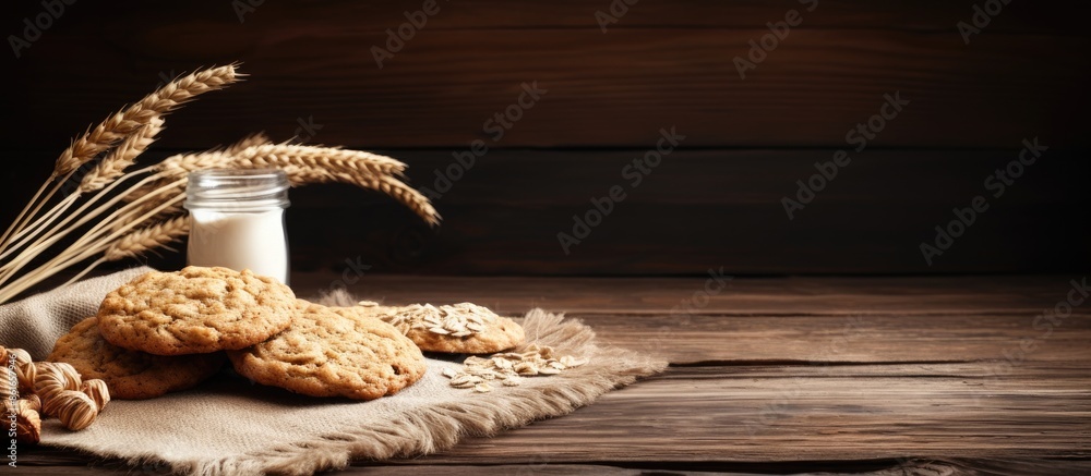 Leinwandbilder Oat cookies displayed on a rustic wooden table with a blank space for adding an image. with copy space image. Place for adding text or design