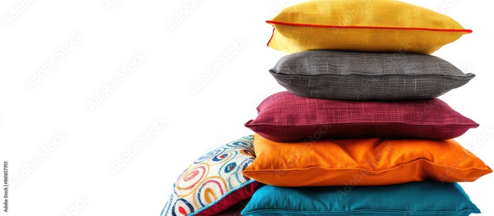 Poster Stack of colorful decorative funny pillows isolated. with copy space image. Place for adding text or design