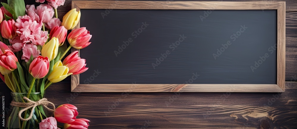 Poster Wooden background with home decorations and a flower bouquet next to an empty chalkboard mockup for a text message with copy space image.