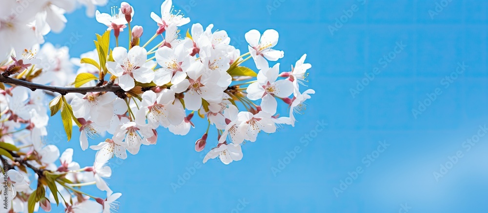 Poster scenic view of fruit tree blossoms set against a clear blue sky, ideal for backgrounds with copy spa