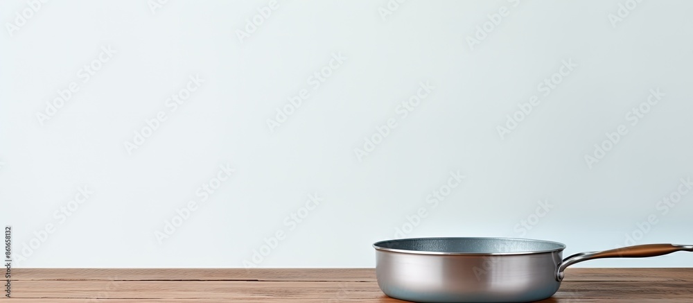 Poster An empty pan is placed on a white table with a plain background providing copy space image.