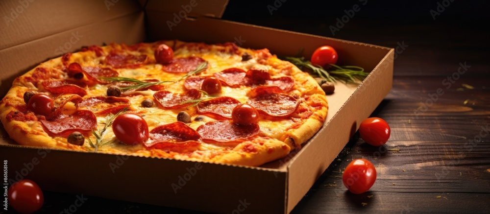 Poster A pizza with melted cheese and spicy sausages is displayed in a cardboard box on a table, offering an enticing view with blank space for text or graphics. with copy space image