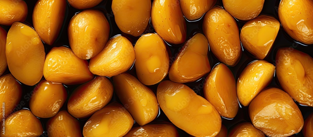 Poster Bird's eye view of honey-glazed potatoes with a blank area for text or images. with copy space image. Place for adding text or design
