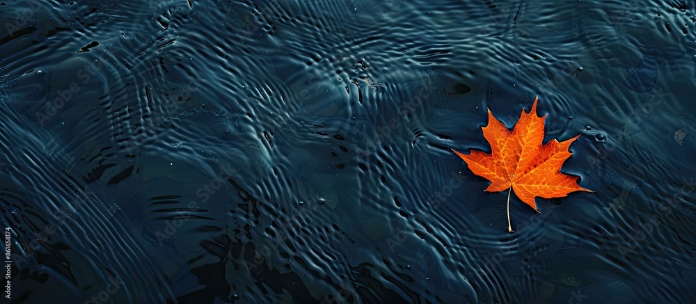 Aufkleber A solitary vibrant orange maple leaf floating in water, creating a simple autumn backdrop with ample copy space image.