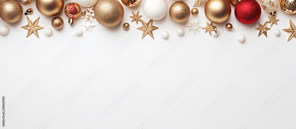 Poster top view of a christmas-themed background featuring ornaments and decorations on a white backdrop, a