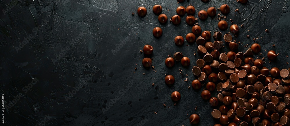 Poster chocolate candies on a black backdrop with scattered chocolate chips for a copy space image.