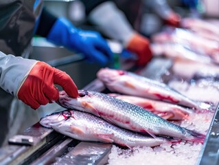 Fish Processing in Seafood Factory showing workers handling fresh fish on a production line. The image captures the detailed process of seafood preparation in an industrial setting.