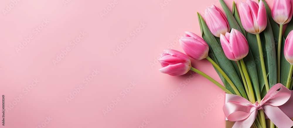 Poster banner with a group of pink tulips on a matching pink backdrop, featuring a card displaying 'happy b