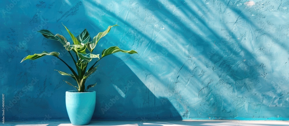 Poster plant displayed in front of a blue wall, providing a background for a copy space image.
