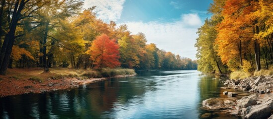 Fototapeta premium Autumn scenery with a serene river winding through a lush forest, creating a picturesque natural backdrop, with a tranquil river setting against the Irtysh River with copy space image.