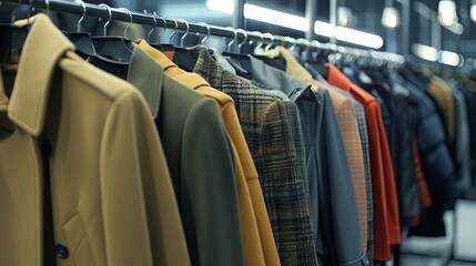 Fototapeta premium Stylish women's clothes on hangers in the store. Fashionable jackets, trousers, dresses and jumpers