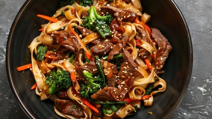 Stir-fried large noodles with soy sauce, sliced beef, and vegetables