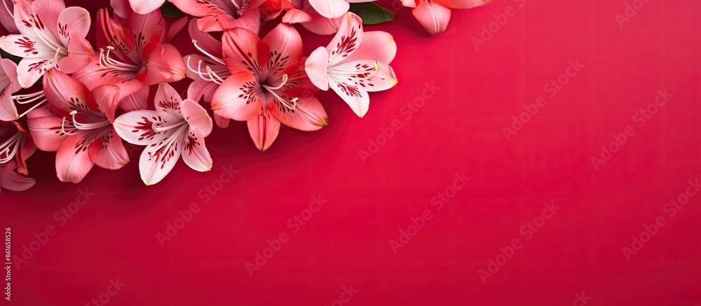 Poster Alstroemeria flowers with heart decorations on a red backdrop creating a romantic ambiance for Valentine's Day. Flat lay view emphasizing copy space image.