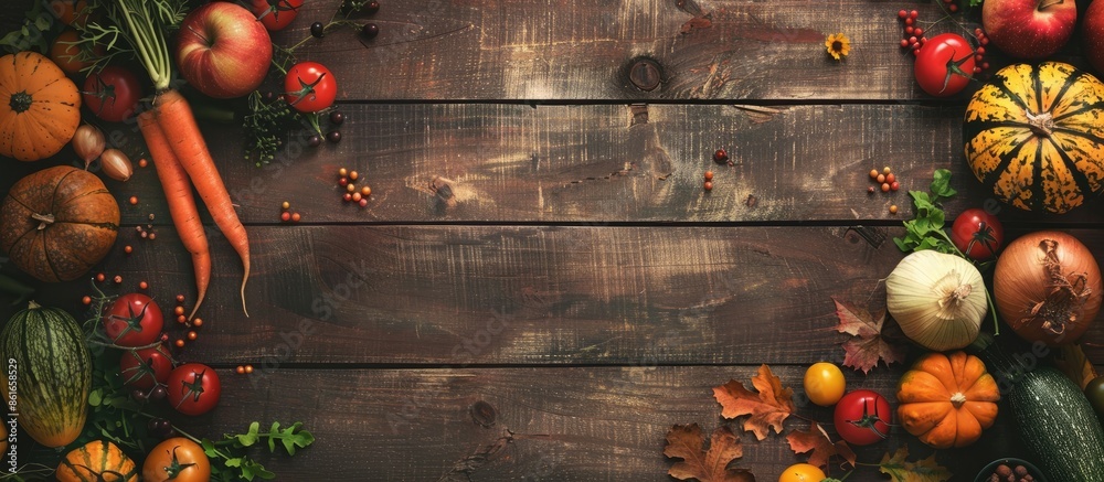 Poster Fresh autumn vegetables arranged on a rustic wooden surface for a flat lay style with a background suitable for adding text or other elements - copy space image.