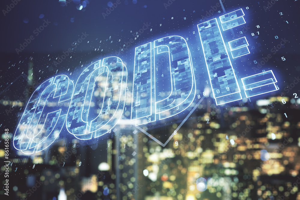 Aufkleber code word hologram on blurry cityscape background, artificial intelligence and neural networks conce