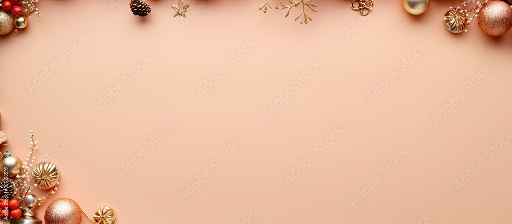 Aufkleber top-down view of a christmas-themed border with golden ornaments on a peach fuzz background, designe