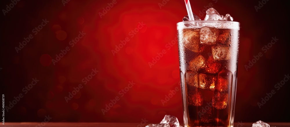 Poster brown fizzy soda. chilled sweet cola with ice on red backdrop, featuring copy space image.