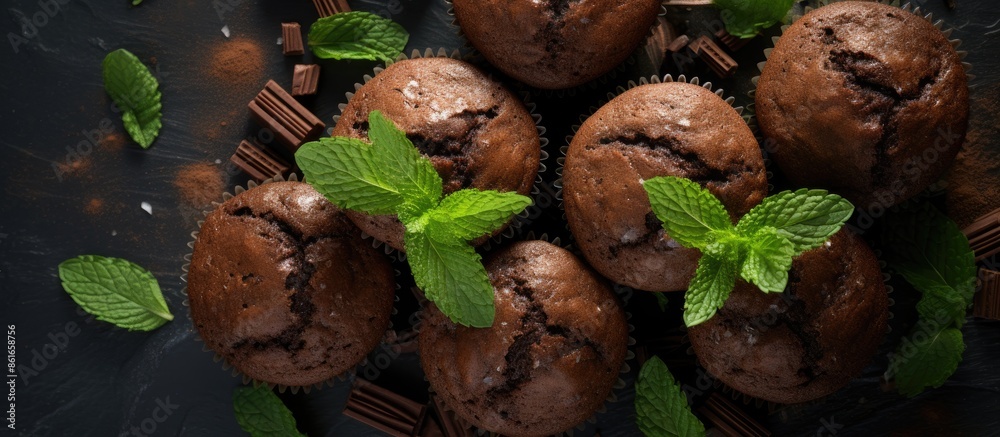 Aufkleber Top view of chocolate and mint muffins against a dark slate background, providing a spacious area for additional images or text.