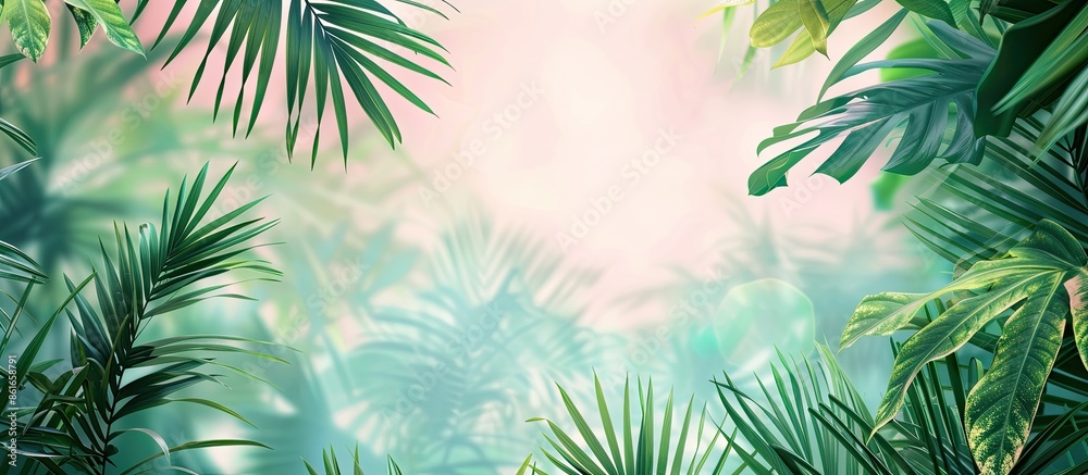Poster tropical palm foliage, greenery background, summer concept pastel background. with copy space image.