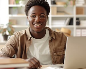Young African American Male College Student in Wheelchair Studying at Home, Surrounded by Textbooks and Laptop