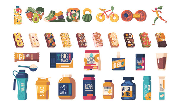 Vector Set Of A Diverse Sports Nutrition Items Including Protein Bars, Supplements, Snacks, Drinks, Water Bottles