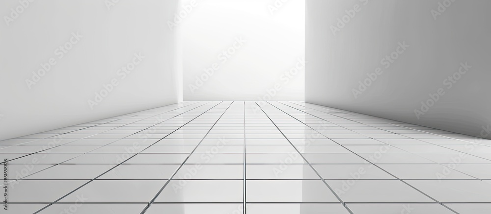 Poster Empty room with raise floor or access floor or table floor with grid line clean new and symmetry in perspective view, Perspective straight grid line of floor material in white color background