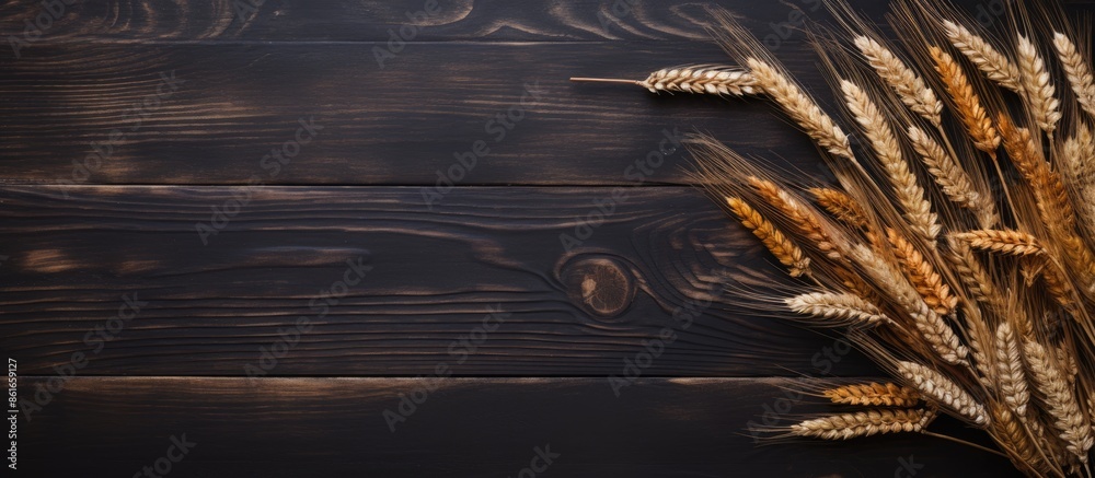 Leinwandbilder Create an autumn-themed flat lay featuring dried wheat ears on a dark wooden surface, leaving room for text in the image. with copy space image. Place for adding text or design