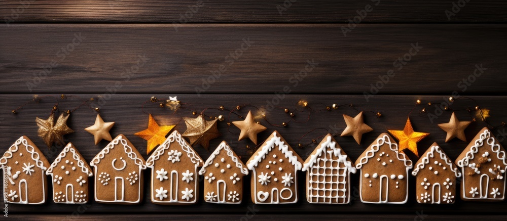 Poster gingerbread cookies displayed on a wooden table in honor of st. nicholas day with copy space image.