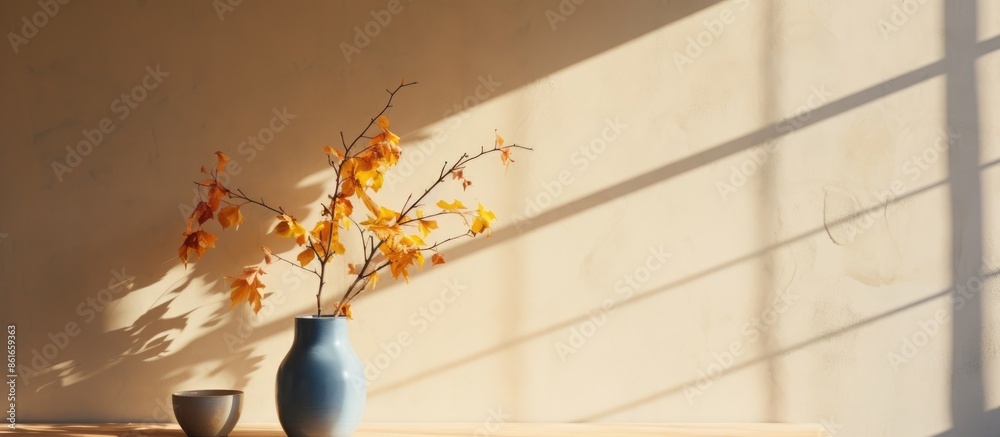 Poster a simple arrangement with window shadows on a sunny autumn day, set against a wall, showcasing a cop
