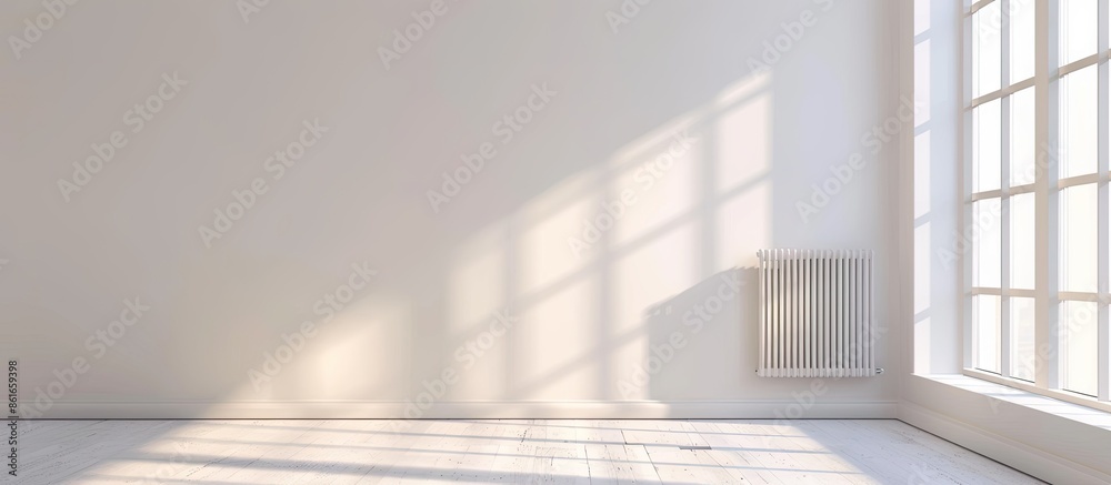 Aufkleber Plastic window and radiator on white wall in empty light room at home. with copy space image. Place for adding text or design