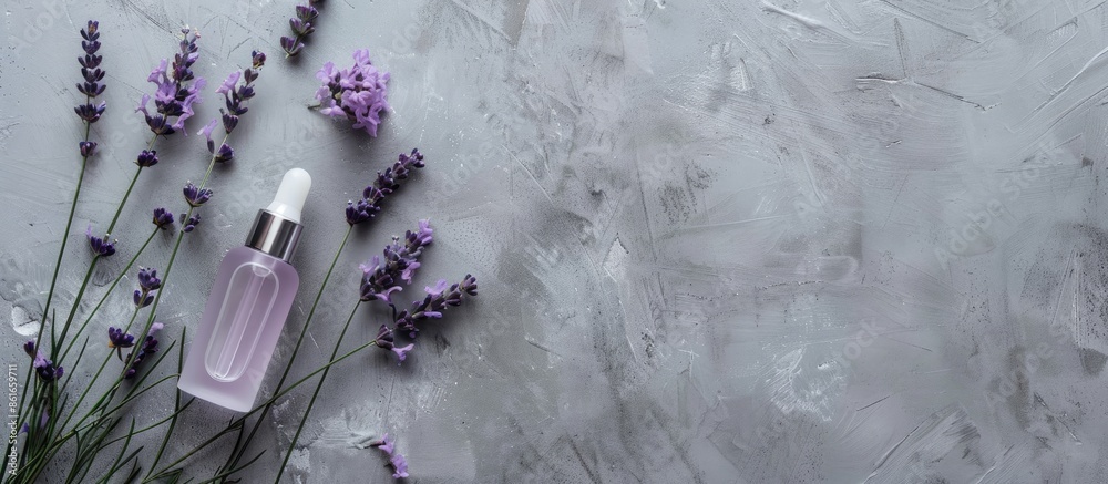 Poster gray background with unbranded cosmetic serum bottles and lavender bunch in a top view flat lay comp