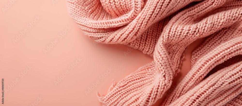 Poster pink knitted fabric on a peach background with copy space image.