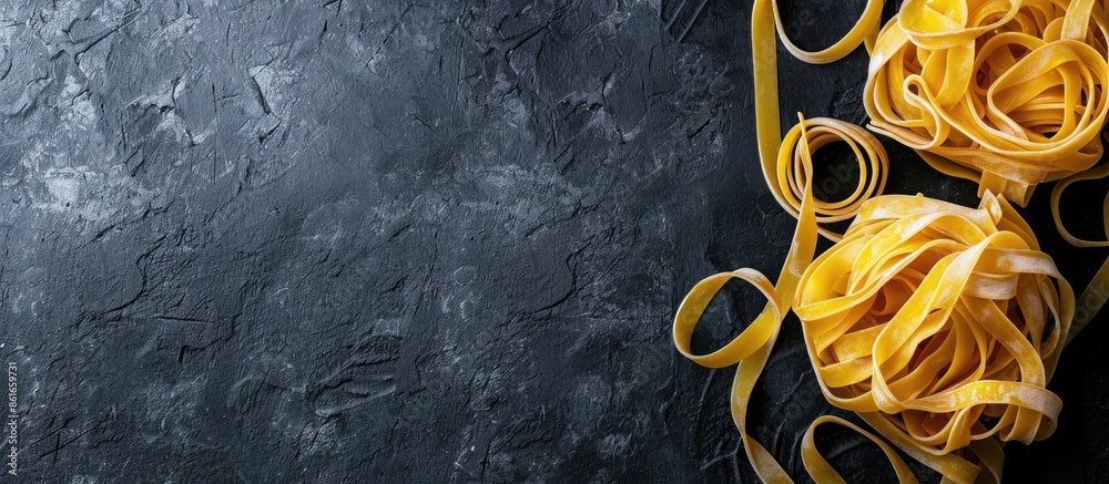 Aufkleber Image shows uncooked Italian tagliatelle pasta on a black background with space for text. with copy space image. Place for adding text or design