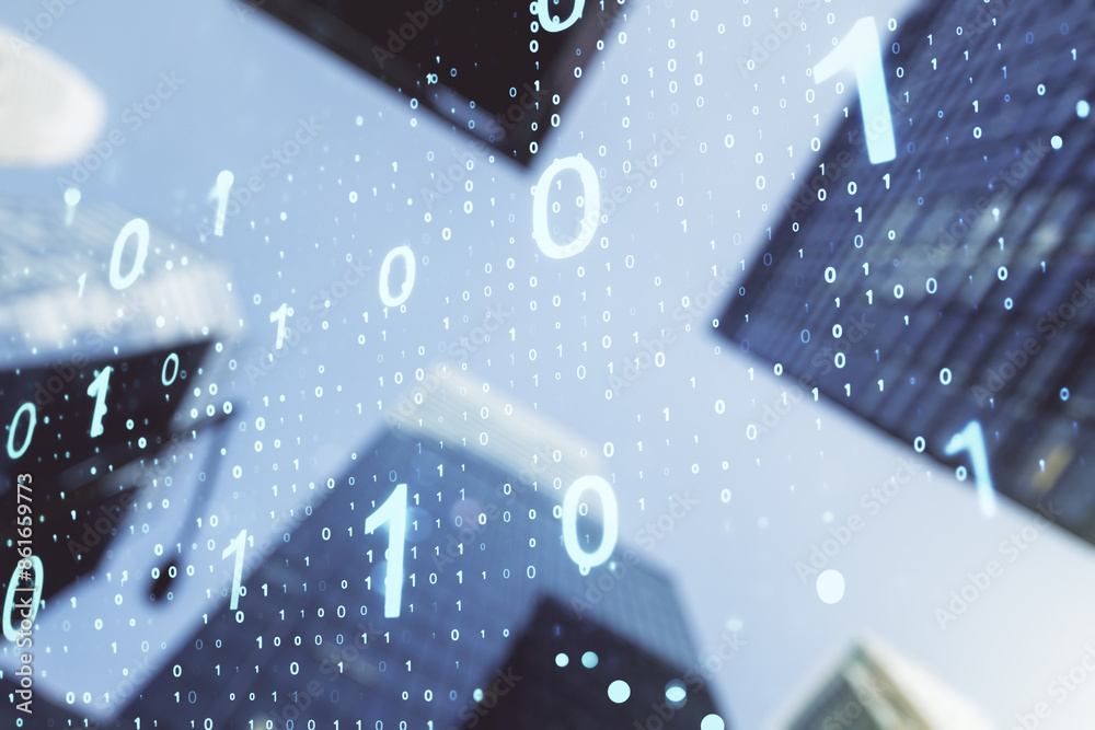 Aufkleber abstract virtual binary code sketch on blurry cityscape background, hacking and matrix concept. mult