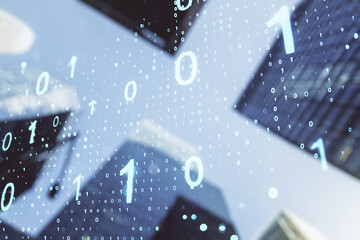 Abstract virtual binary code sketch on blurry cityscape background, hacking and matrix concept....