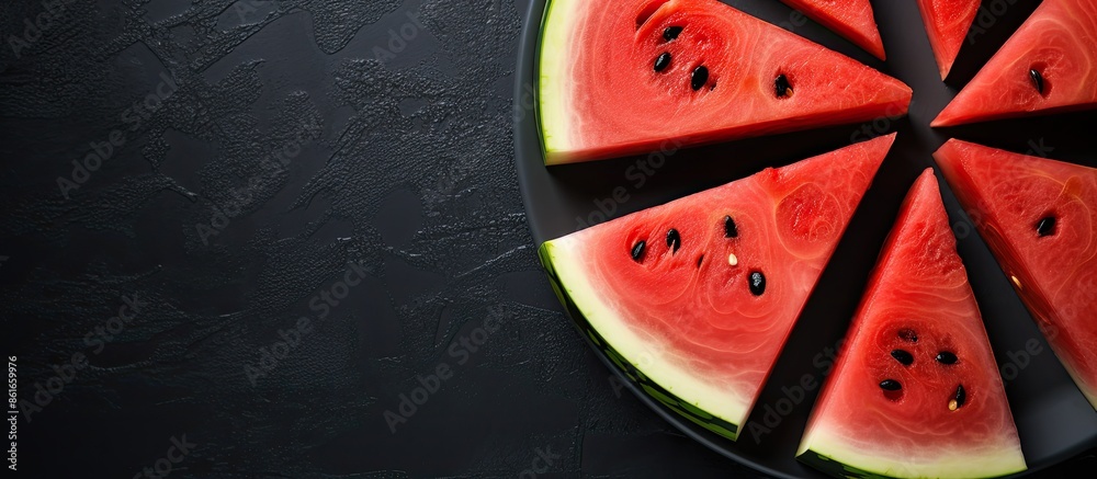 Poster Top-view composition of watermelon slices on a black plate against a concrete backdrop with summer shadows, providing an area for additional content.
