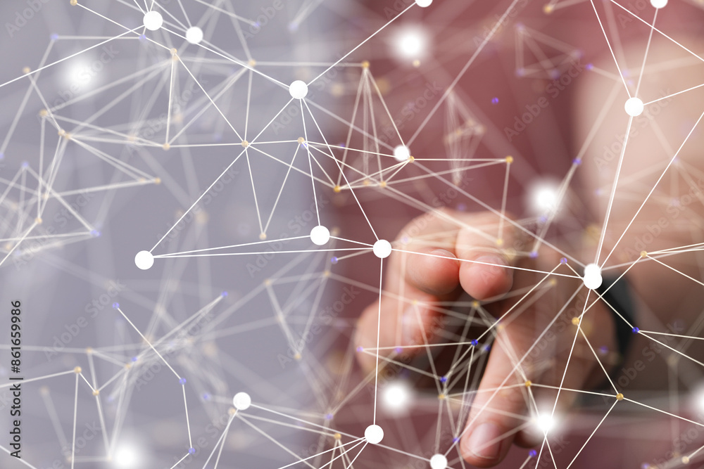Poster Global network. Blockchain. 3D illustration. Neural networks and artificial intelligence. Abstract  - 3d