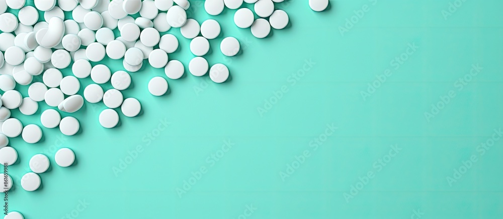 Aufkleber Mint background adorned with white pills in a flat lay composition, with room for text in the image. with copy space image. Place for adding text or design
