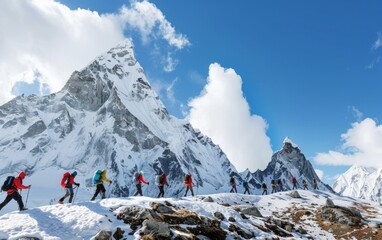 Fototapeta premium Dynamic Group Adventure at Mount Everest Trekking Enthusiasts in Action by Rugged Terrain