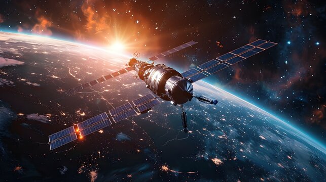 Futuristic Space Station Powered by Solar Arrays Orbiting Distant Planet for Renewable Energy Concept